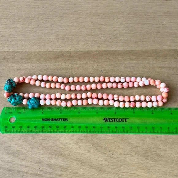 VINTAGE ANGEL SKIN CORAL &LARGE TURQUOISE BEADS LONG NECKLACE UNIQUE COLOR COMBO